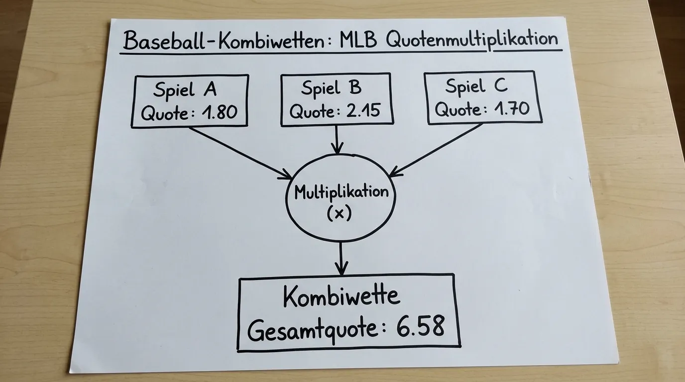 Schematische Darstellung der Quotenmultiplikation bei einer Baseball-Kombiwette auf drei MLB-Spiele