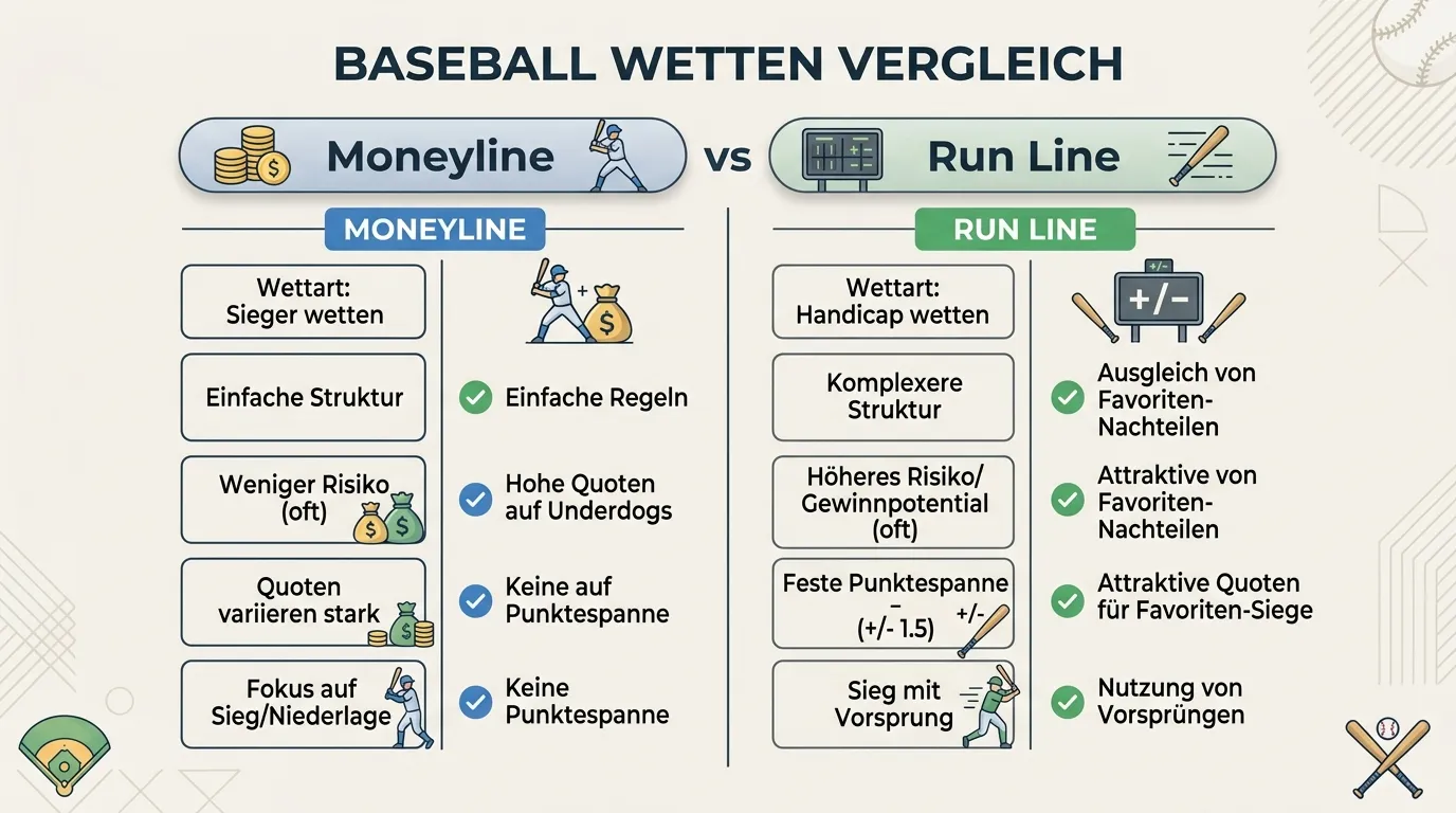 Vergleich zwischen Baseball Moneyline und Run Line Wette – Stärken und Nachteile beider Märkte