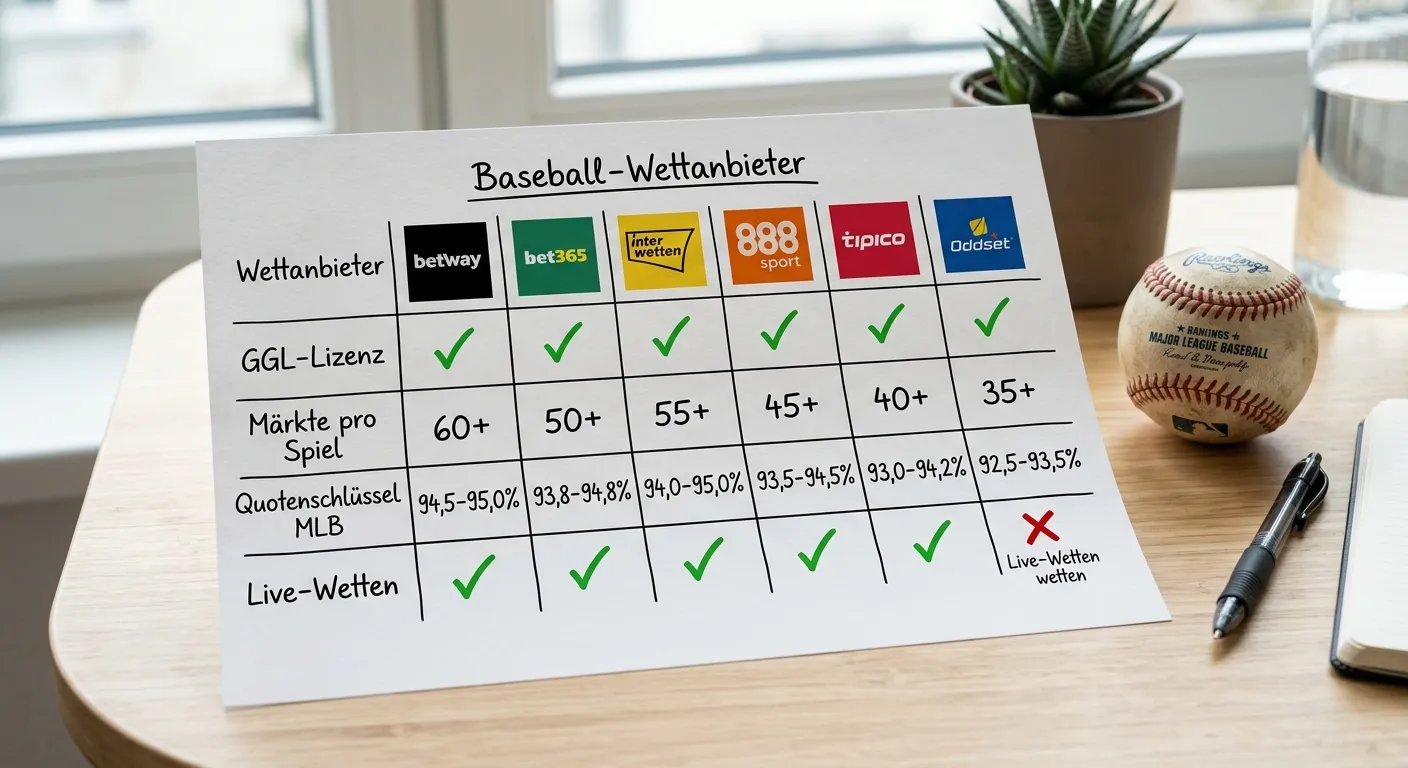 Baseball Wettanbieter Vergleich Kriterien – Quotenschlüssel, Markttiefe und GGL-Lizenz bei MLB Buchmachern