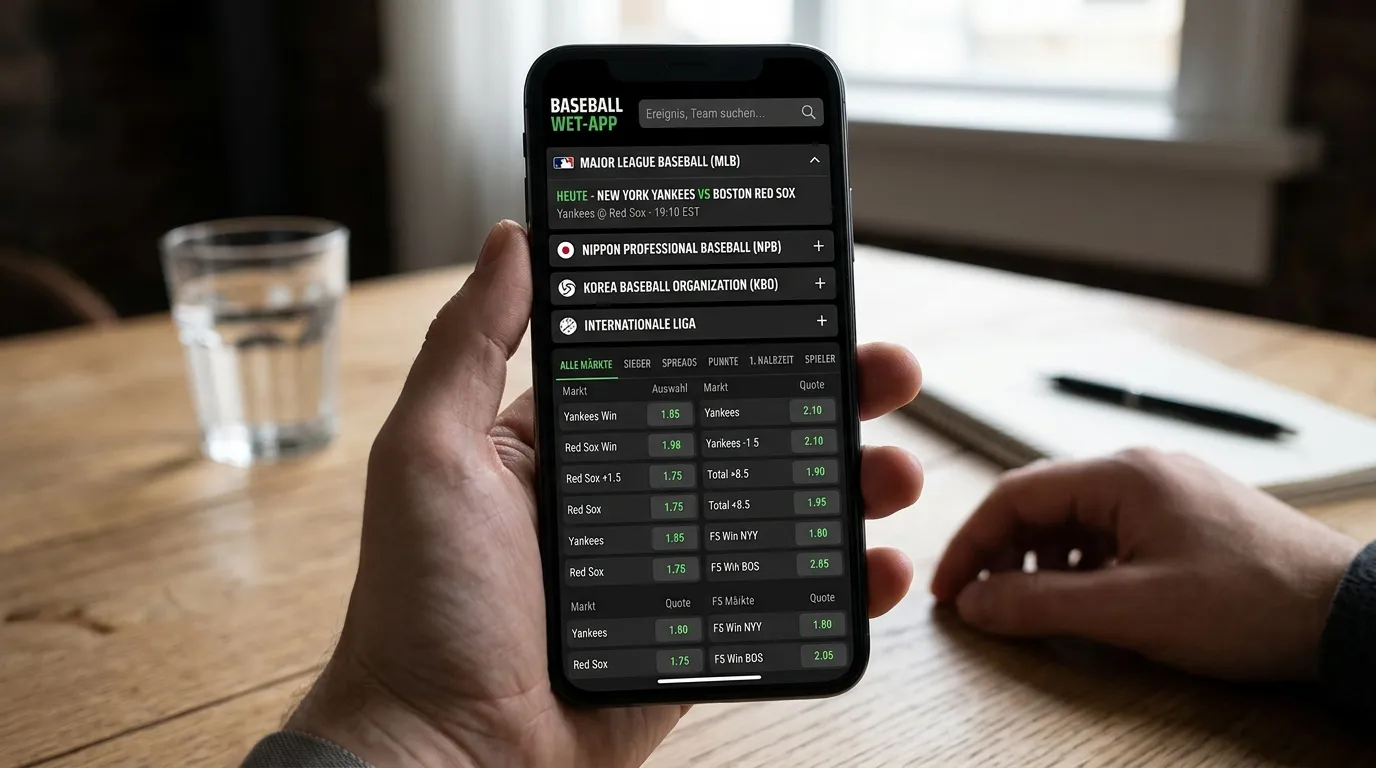 Übersichtliches Interface einer Baseball Wetten App mit Marktnavigation und Suchfunktion