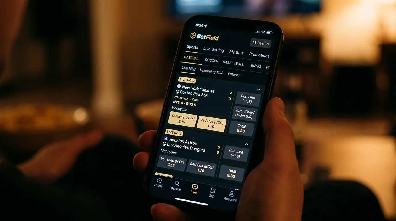 Mobiles Sportwetten-Interface mit Baseball-Märkten und MLB Moneyline auf dem Smartphone