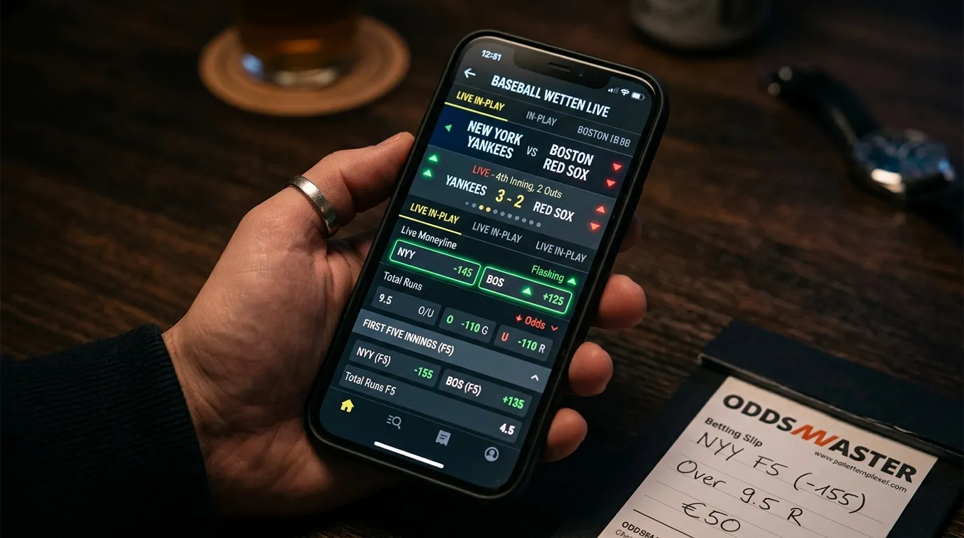 Mobile Baseball-Wetten-App mit Live-In-Play-Märkten für MLB-Spiele auf dem Smartphone