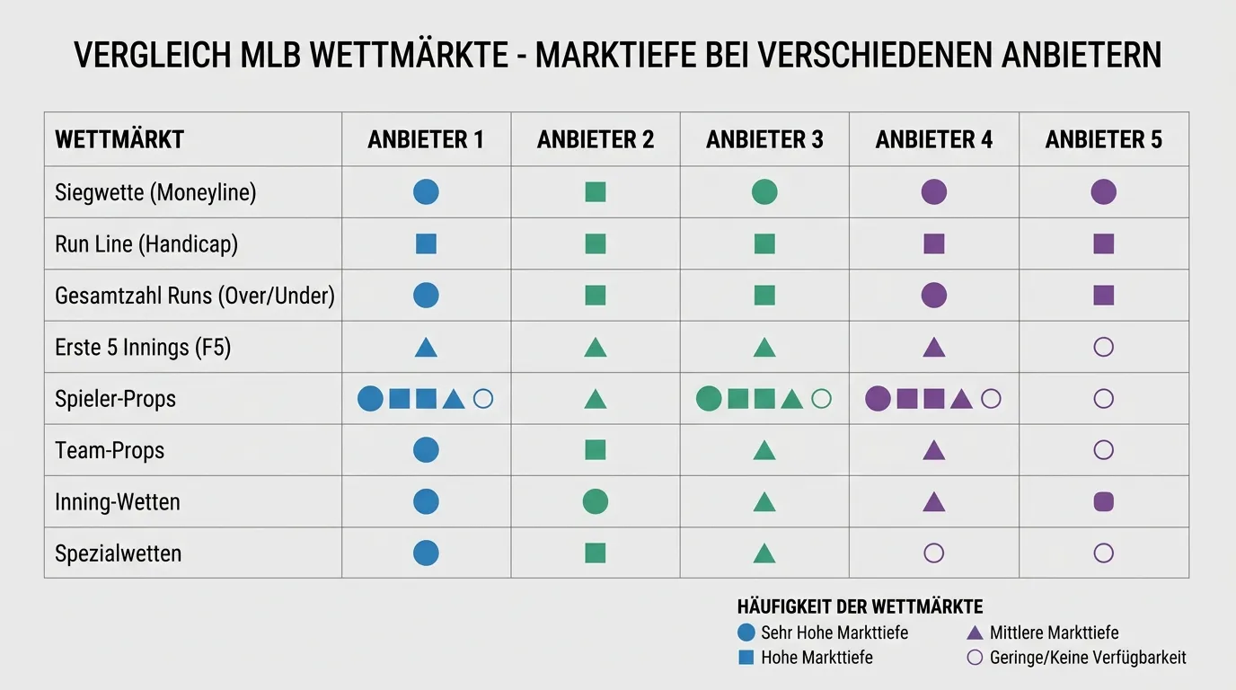 Übersicht der verfügbaren MLB-Wettmärkte pro Spiel bei verschiedenen GGL-Anbietern