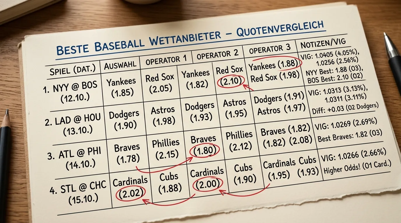 Direkter Quotenschlüssel-Vergleich der besten GGL-lizenzierten Baseball Wettanbieter 2026