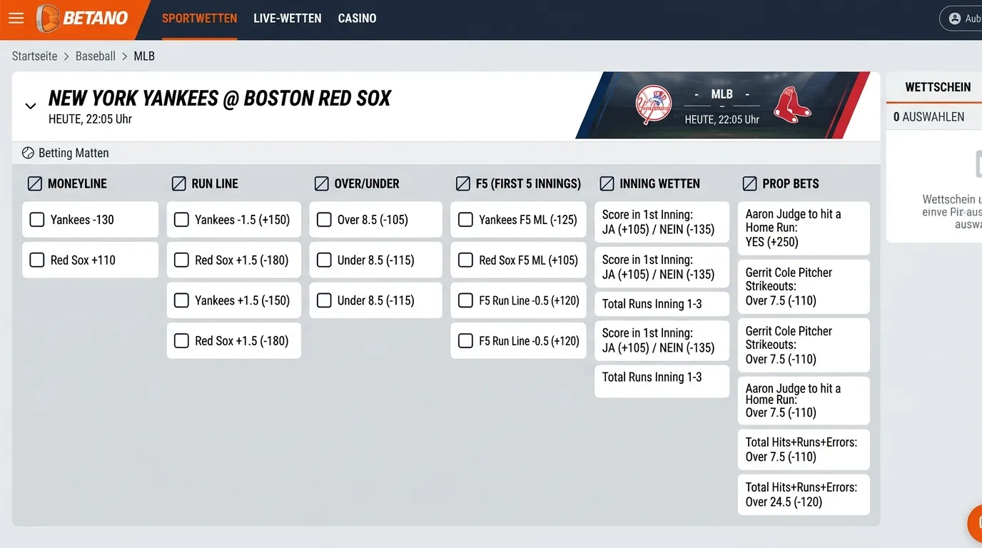 Betano MLB-Märkte Angebot – Wettoptionen pro Spiel bei Betano Baseball Test 2026