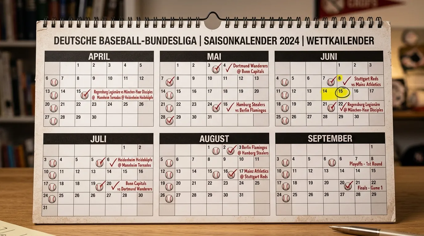 Saisonkalender der deutschen Baseball-Bundesliga – Spielmonate April bis September für Baseball-Wetter
