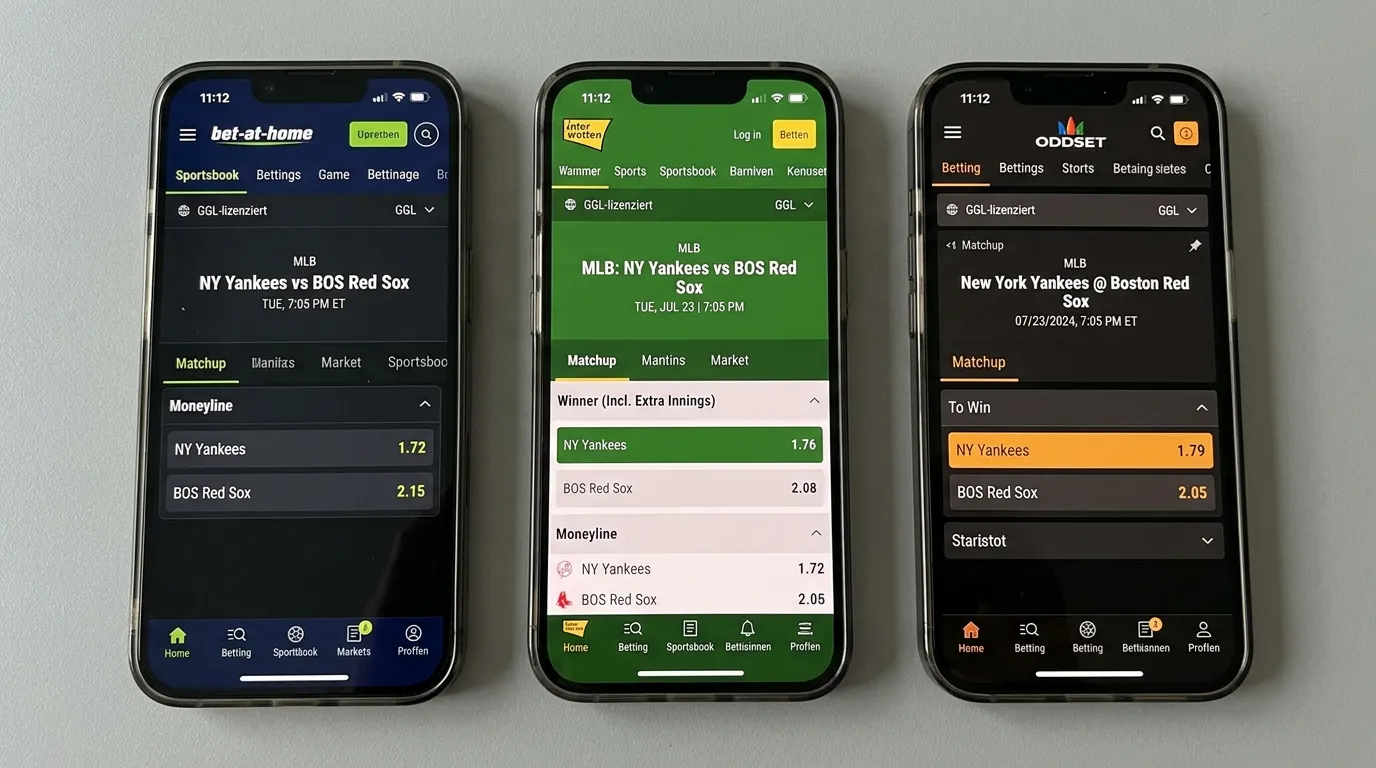 Quotenvergleich Baseball Line Shopping zwischen drei GGL-Anbietern für dasselbe MLB-Spiel