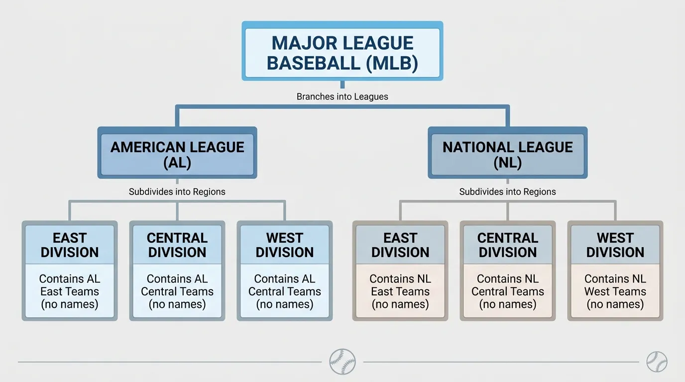MLB Struktur mit American League und National League sowie je drei Divisions für Baseball-Wetter