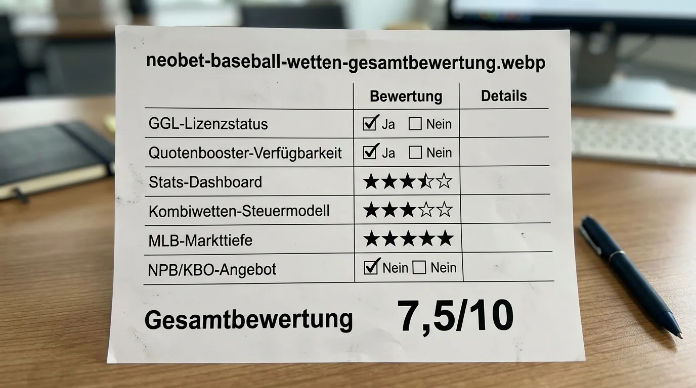 Gesamtbewertung von NEO.bet als GGL-lizenzierter Baseball-Wettanbieter mit Stärken und Schwächen