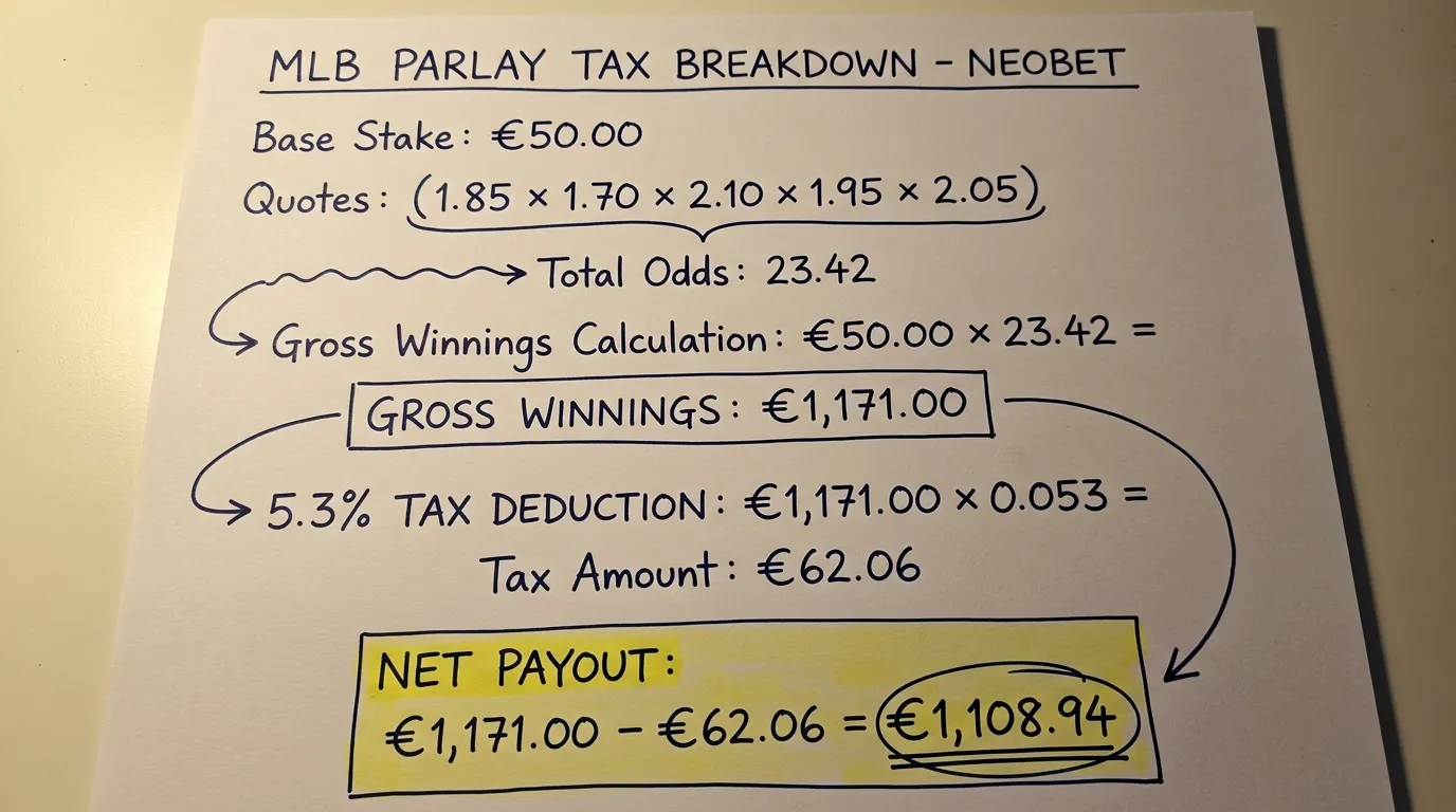 Berechnung der 5,3 Prozent Wettsteuer bei NEO.bet MLB-Kombiwetten im Vergleich zu Einzelwetten