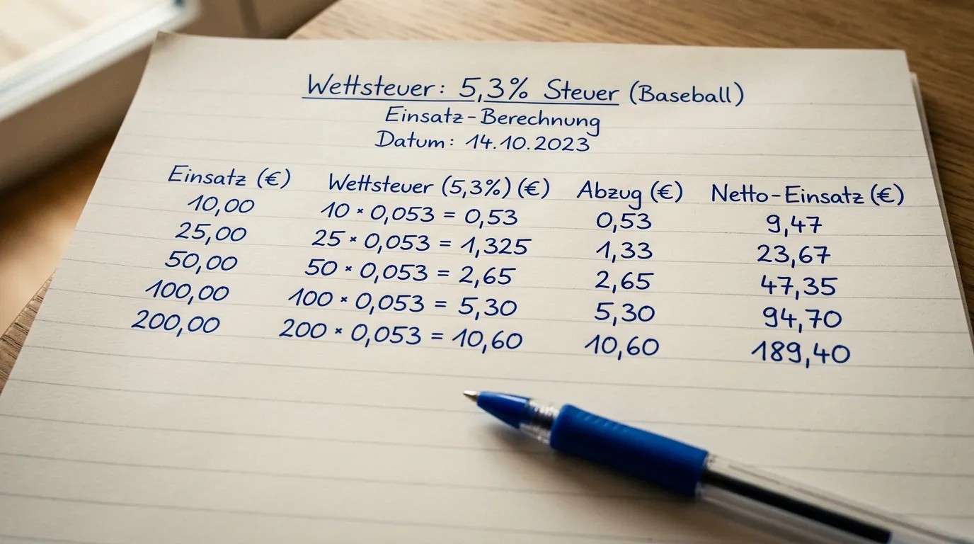 Wettsteuer Berechnung Baseball – Tabelle mit Einsatz und Steuerabzug bei 5,3 % Sportwettsteuer